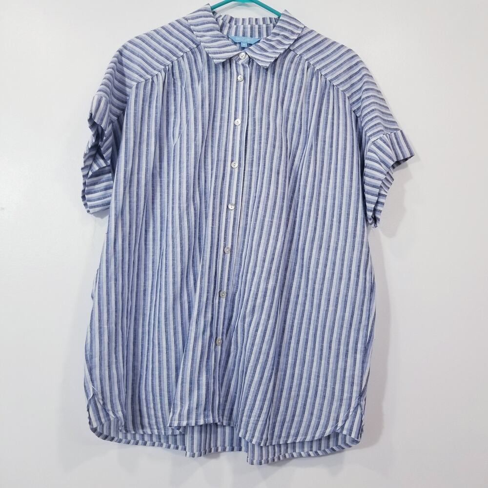 Draper James RSVP Linen Blend Striped Button Front Short Sleeves Shirt